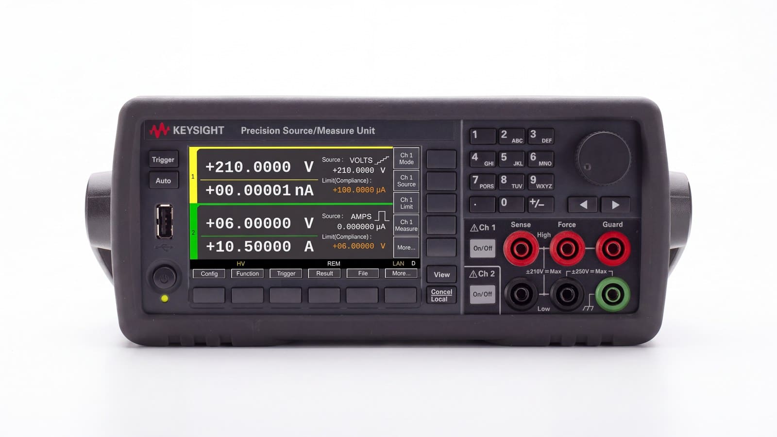 Mặt trước Keysight B2902B với màn hình màu 4,3 inch và đầu nối hai kênh
