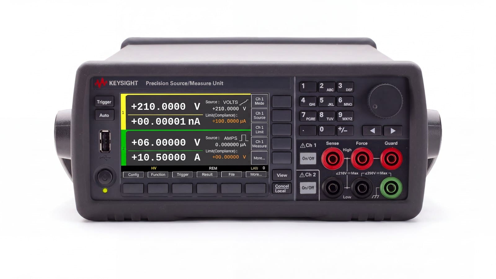 Keysight B2902C nhìn nghiêng cho thấy thân máy và mặt bên, thuộc nhóm thiết bị đo và cung cấp tín hiệu SMU Keysight
