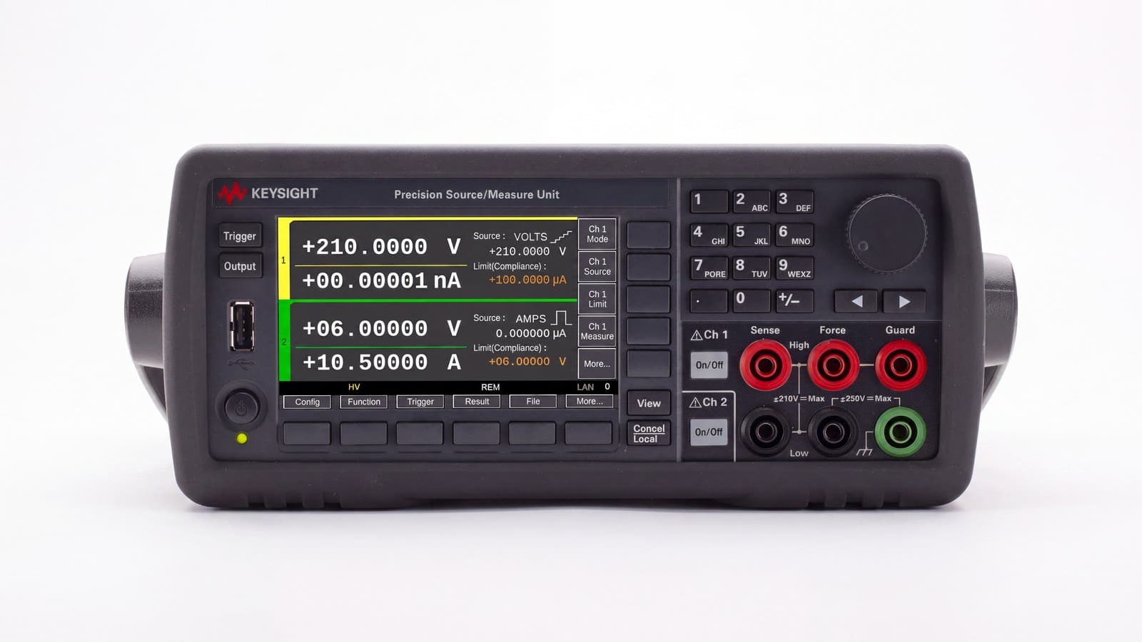 Mặt trước Keysight B2902C: màn hình màu 4,3 inch, bàn phím số và cọc đấu Force, Sense, Guard