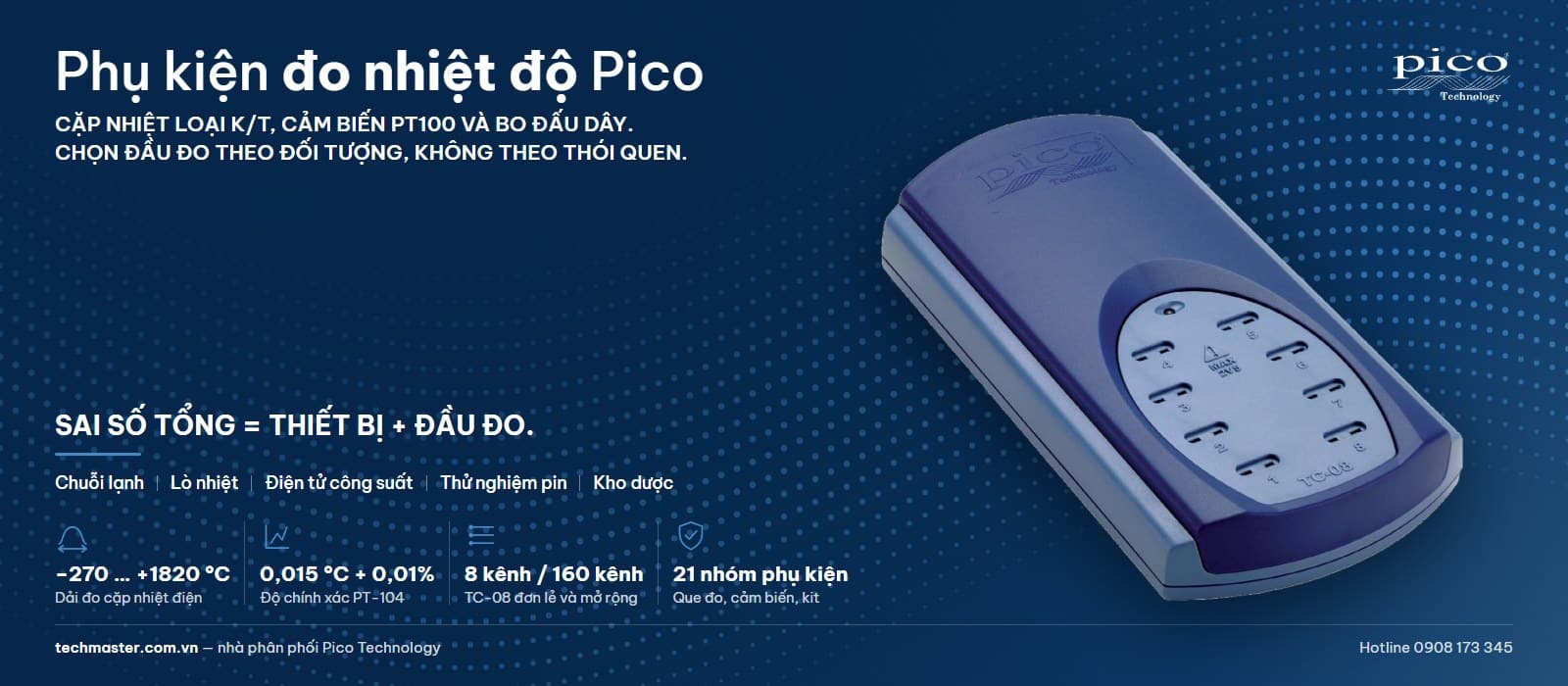 Phụ kiện đo nhiệt độ Pico: cặp nhiệt loại K/T, cảm biến nhiệt độ PT100 và bo đấu dây cho bộ ghi nhiệt độ TC-08 và PT-104
