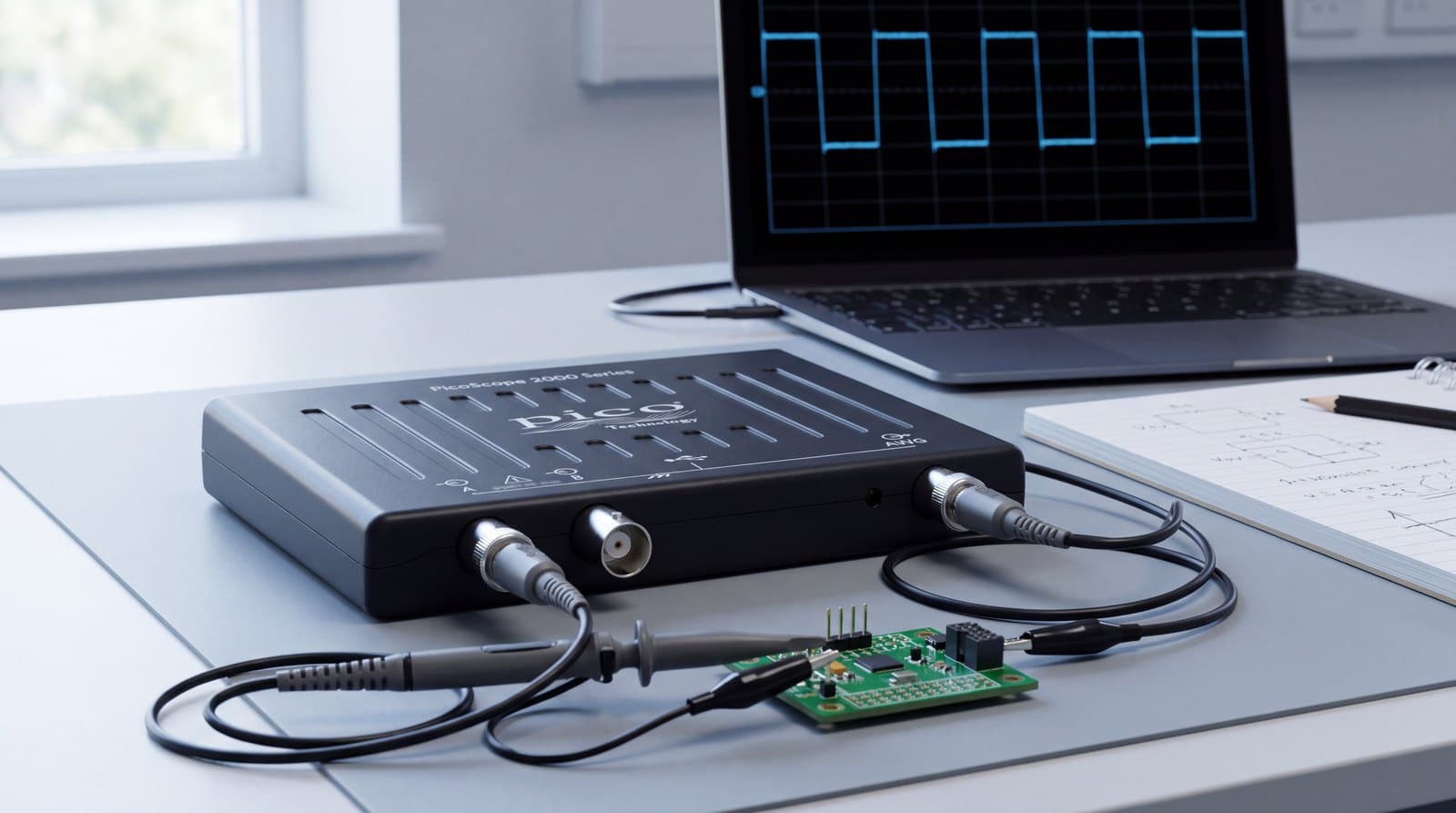 Dao động ký PicoScope 2000 nối que đo với board thực hành trên bàn học điện tử