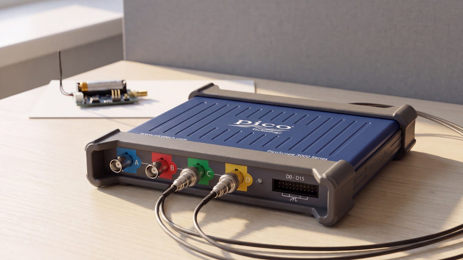 Máy hiện sóng cho IoT PicoScope 3000D đặt trên bàn thiết kế, que đo nối vào kênh A và B, phía sau là bo cảm biến có ăng-ten