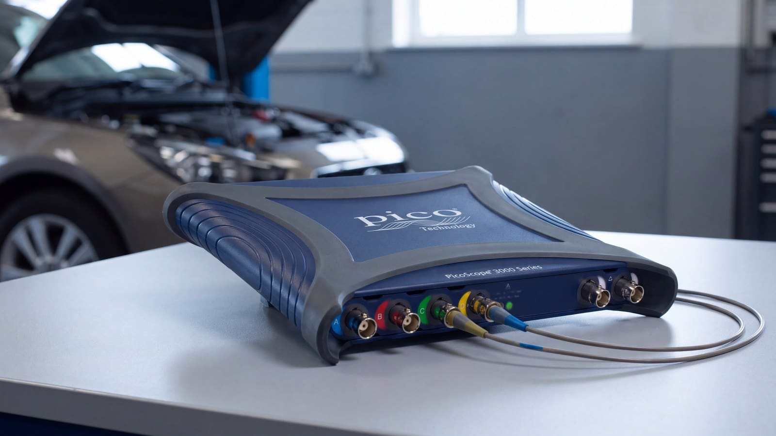 Máy hiện sóng cho kỹ sư nhúng và kỹ thuật viên ô tô PicoScope 3418E MSO đặt trên bàn xưởng chẩn đoán, que đo nối vào các kênh A B C D