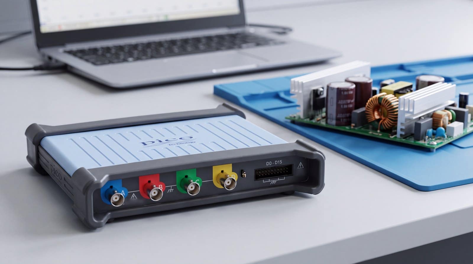 Máy hiện sóng USB PicoScope 5444D trên bàn lab đo gợn nguồn, cạnh bo mạch nguồn xung
