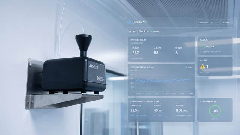 PMS Airnet II sensor with the FacilityPro cleanroom monitoring software interface