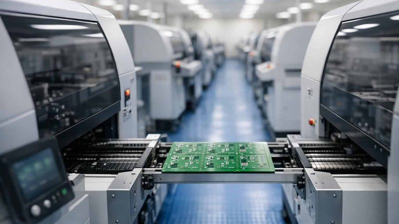SMT line assembling circuit boards in an electronics plant