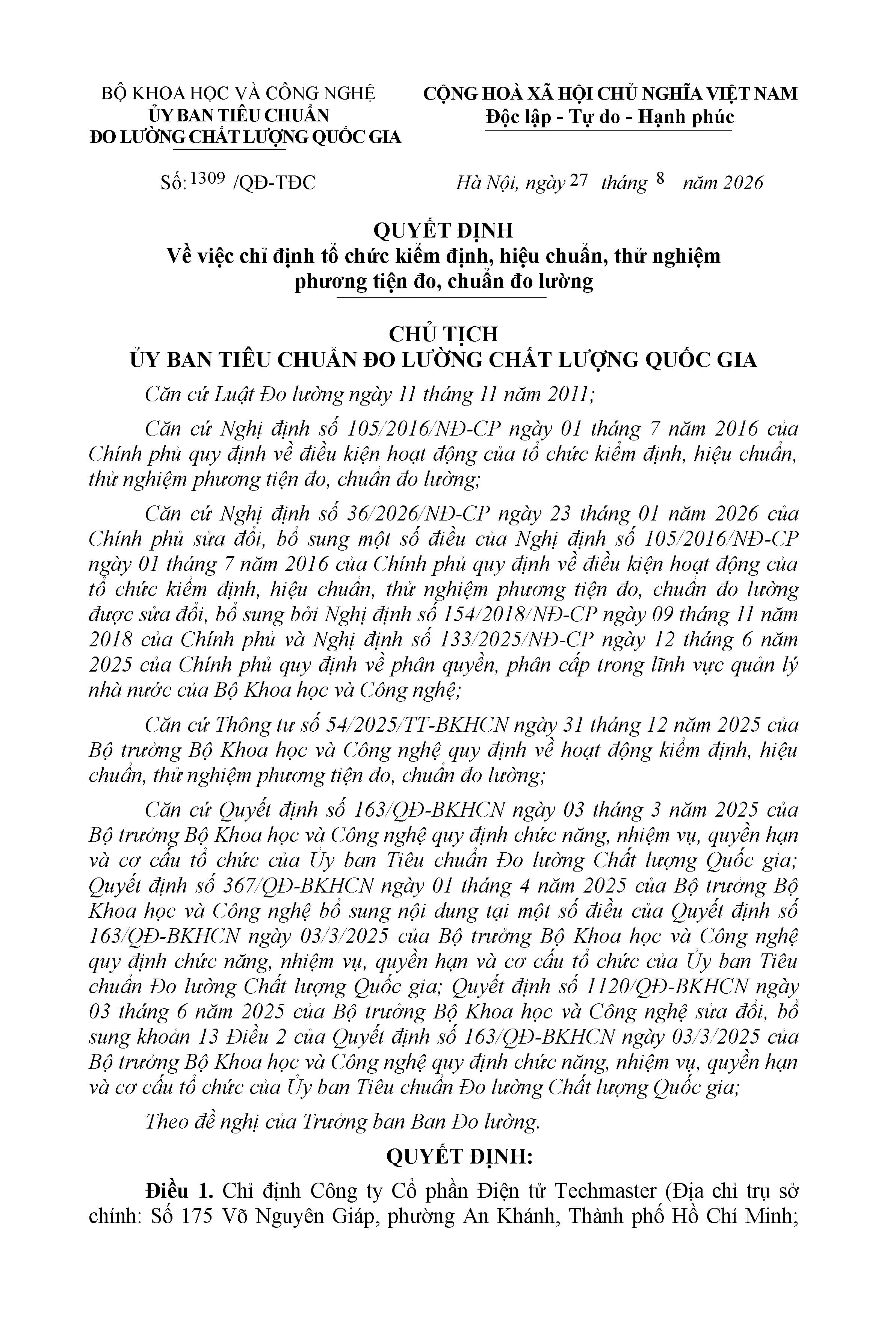 Văn bản quyết định về việc chỉ định tổ chức thực hiện kiểm định, hiệu chuẩn và thử nghiệm phương tiện đo