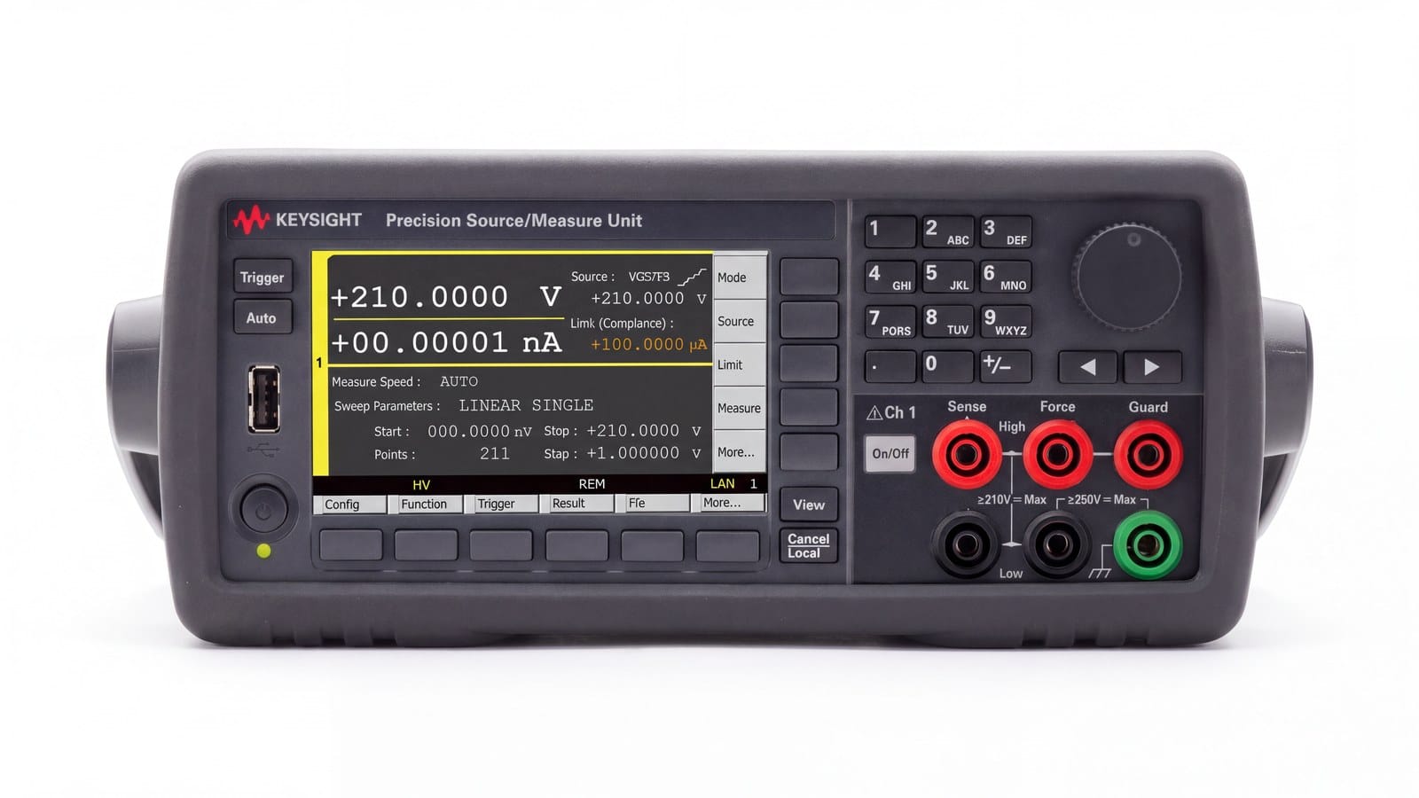 Mặt trước Keysight B2901B với màn hình màu 4,3 inch và núm điều khiển