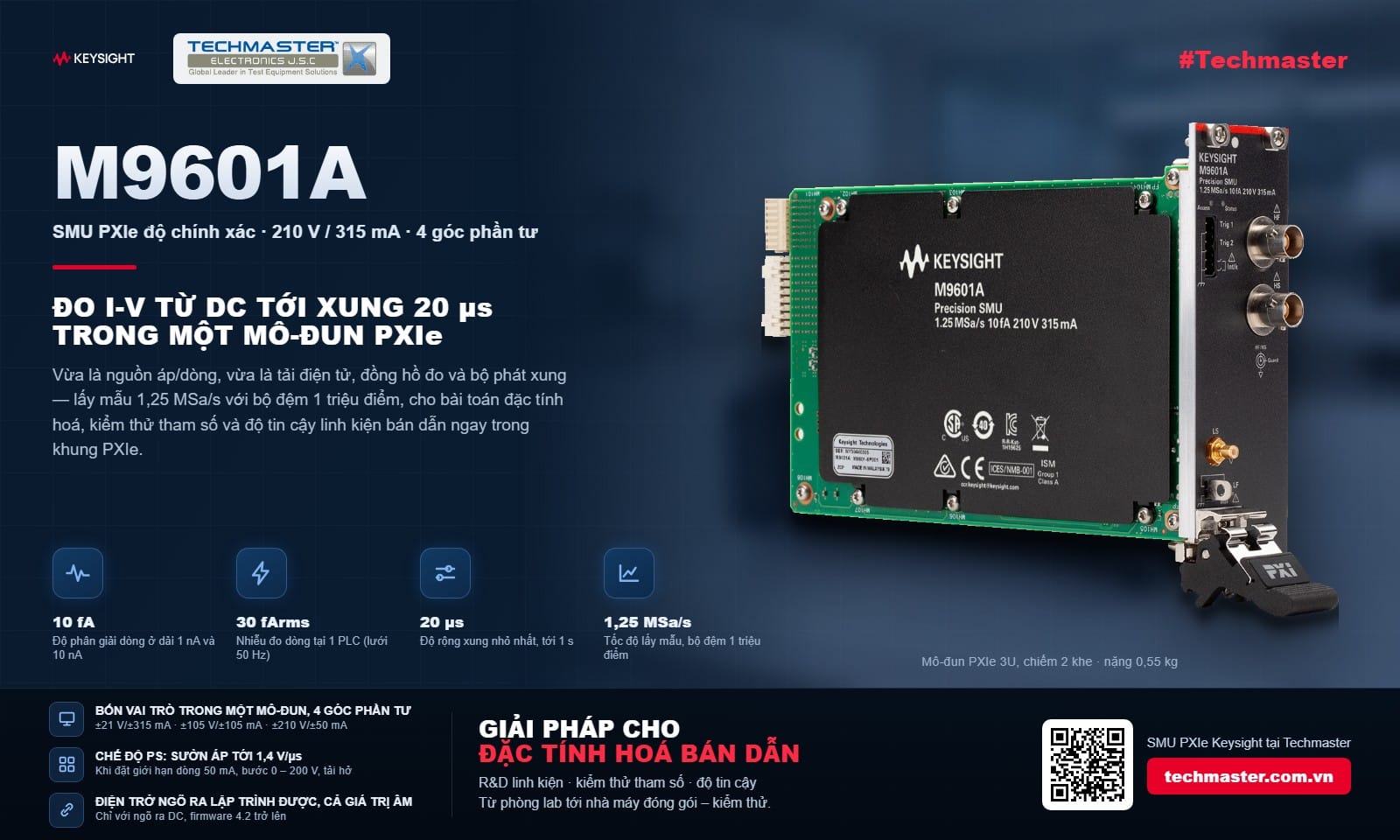 SMU PXIe Keysight M9601A: nguồn-đo 4 góc phần tư tới 210 V hoặc 315 mA, độ phân giải 10 fA, xung 20 µs