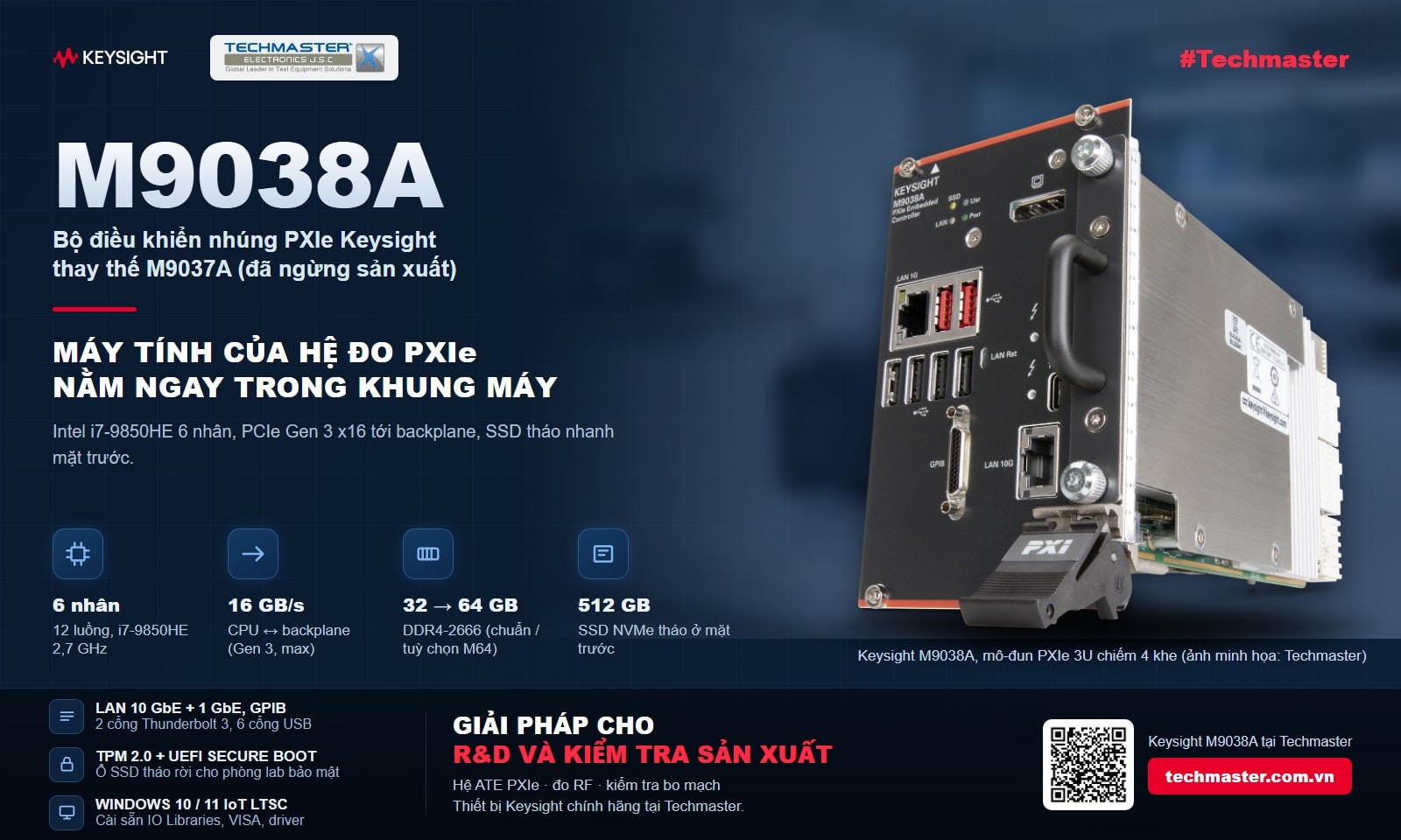 Bộ điều khiển nhúng PXIe Keysight M9038A thay thế M9037A: Intel i7-9850HE 6 nhân 12 luồng, 16 GB/s tới backplane, RAM 32 tới 64 GB, SSD 512 GB tháo mặt trước