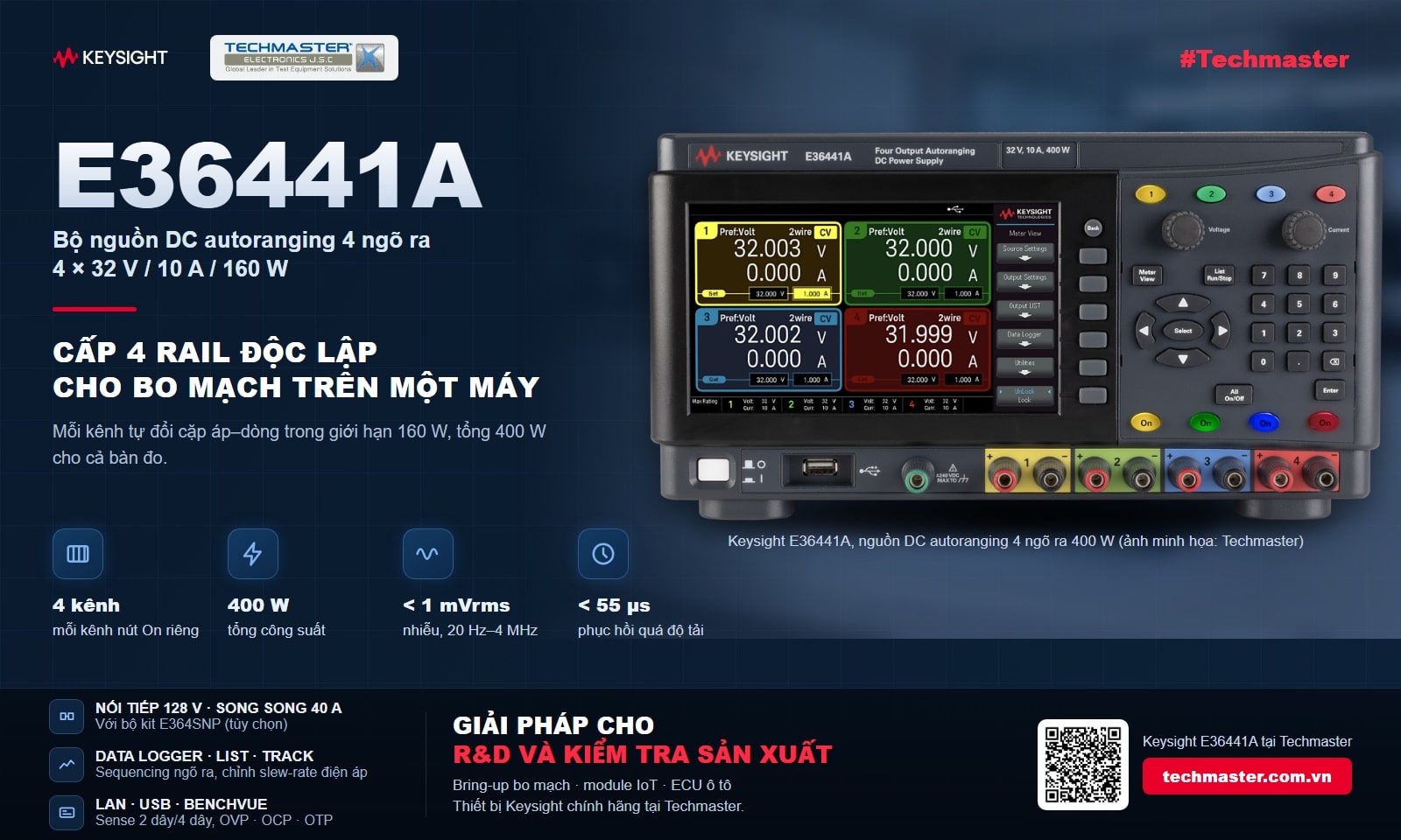 Bộ nguồn DC 4 ngõ ra Keysight E36441A autoranging 400 W: 4 kênh 32 V / 10 A / 160 W, nhiễu dưới 1 mVrms, phục hồi quá độ dưới 55 µs