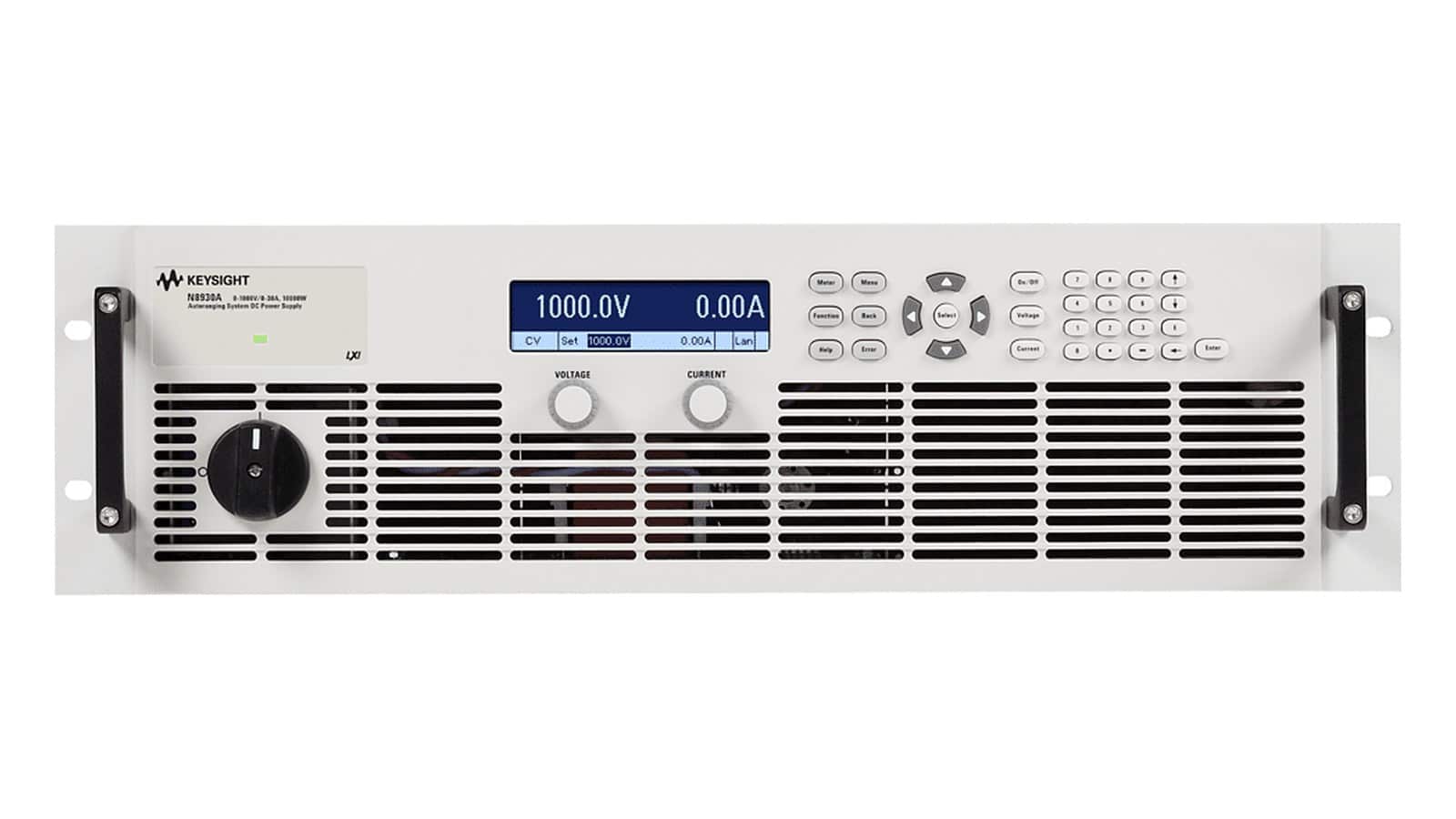 Mặt trước Keysight N8930A với màn hình LCD, phím hệ thống và núm chỉnh điện áp dòng