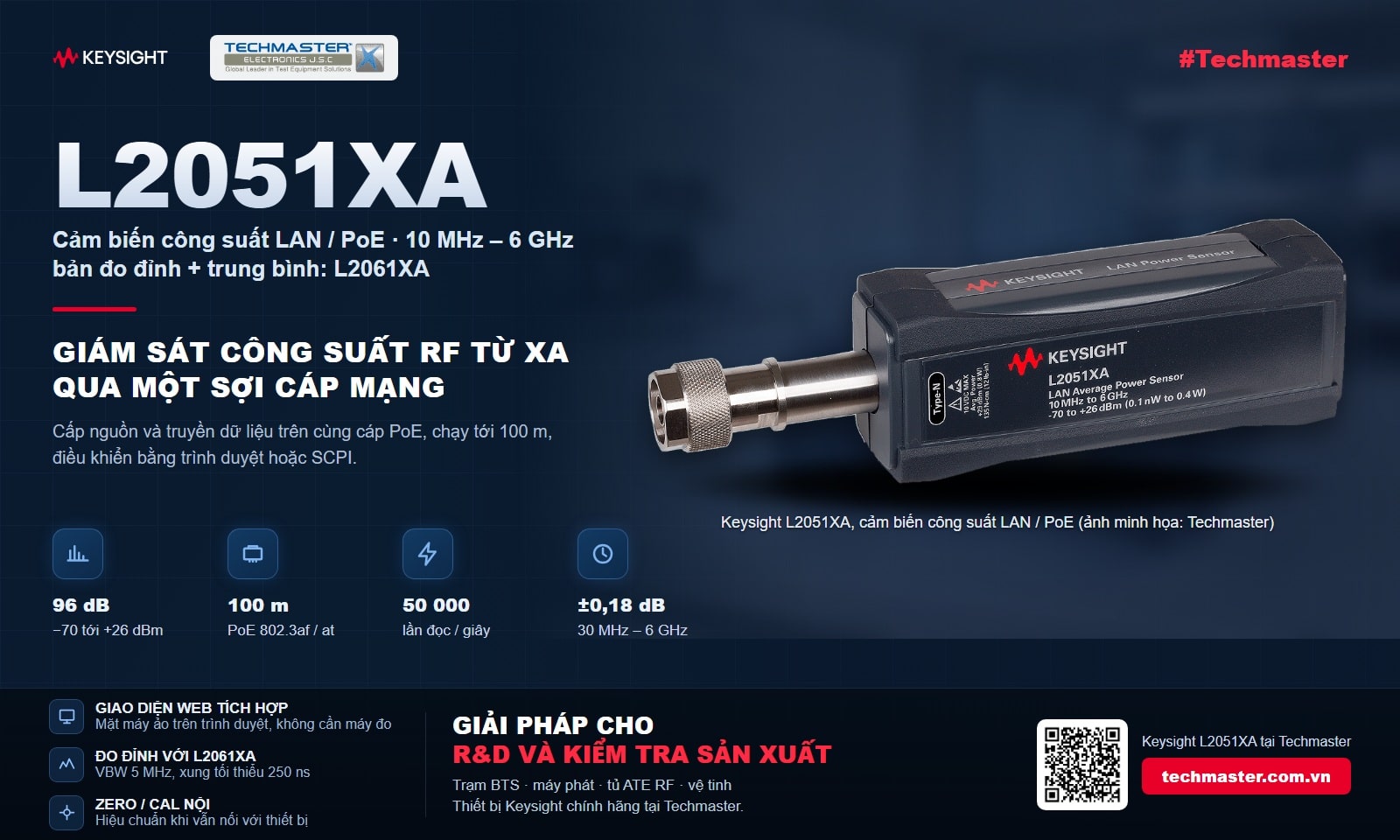 Cảm biến công suất LAN Keysight L2051XA cấp nguồn qua PoE, 10 MHz – 6 GHz, −70 đến +26 dBm, giám sát công suất RF từ xa tới 100 m