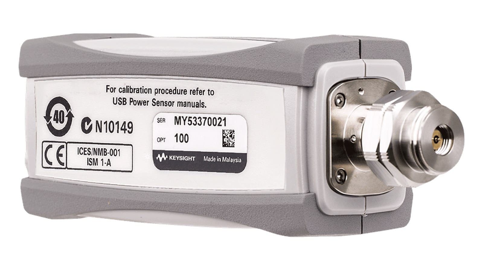 Mặt trước Keysight U8488A với cổng USB, cổng trigger ngoài và đầu nối RF 1,85 mm