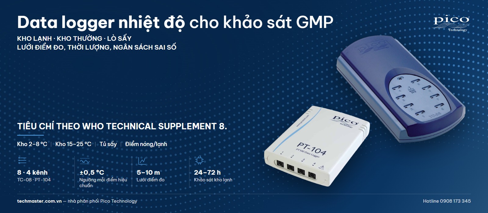 Data logger nhiệt độ Pico TC-08 và PT-104 cho khảo sát kho lạnh, lò sấy theo GMP