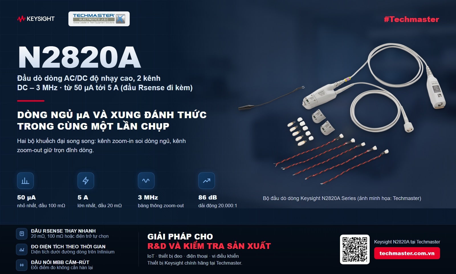 Đầu dò dòng Keysight N2820A: đo dòng ngủ từ 50 µA tới 5 A, băng thông 3 MHz, dải động 86 dB trên máy hiện sóng
