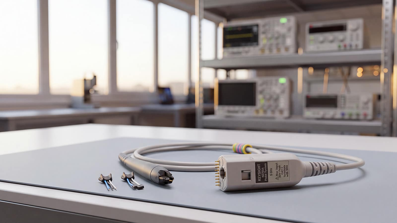 Đầu dò vi sai Keysight N2750A và các đầu tip trên bàn phòng lab điện tử