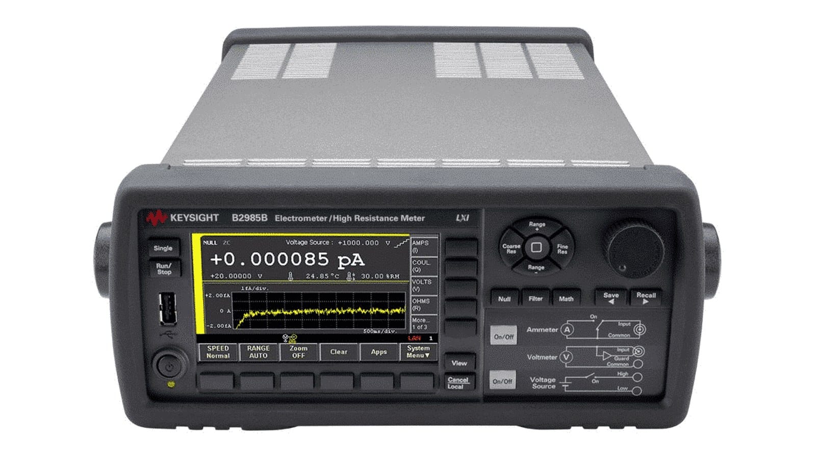Mặt trước Keysight B2985B với màn hình LCD 4,3 inch, công tắc nguồn áp và đầu nối triax