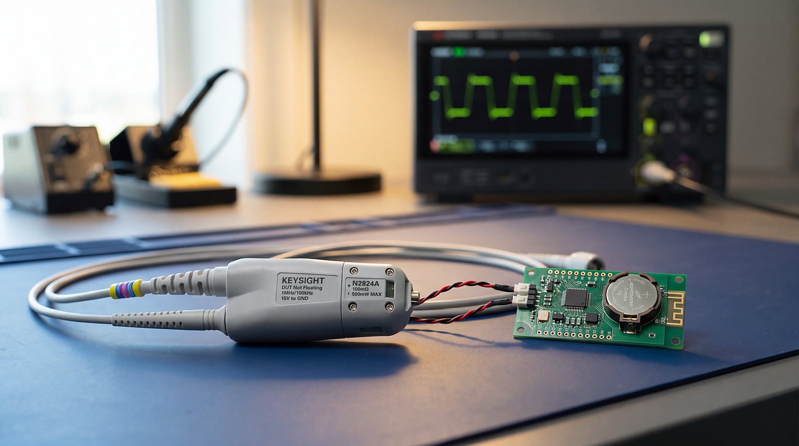 Đầu dò dòng Keysight N2820A với đầu điện trở N2824A 100 mΩ nối vào bo mạch IoT dùng pin cúc áo để đo dòng ngủ