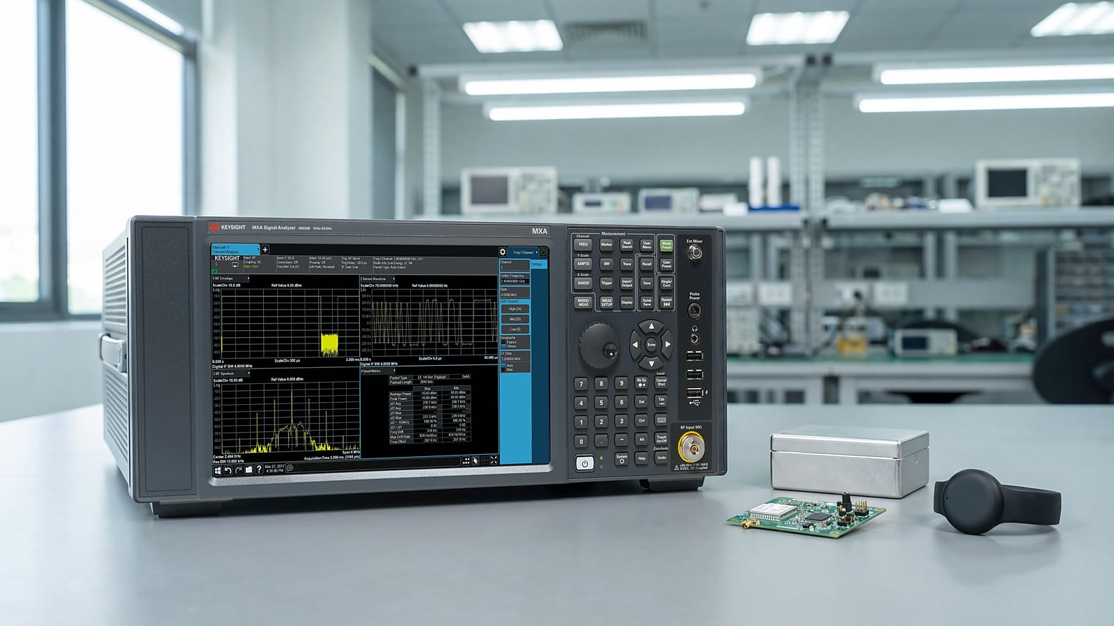 Máy phân tích tín hiệu Keysight N9020B MXA hiển thị phép đo Bluetooth LE cạnh bo mạch module Bluetooth, vòng đeo theo dõi và hộp chống nhiễu trong phòng R&D
