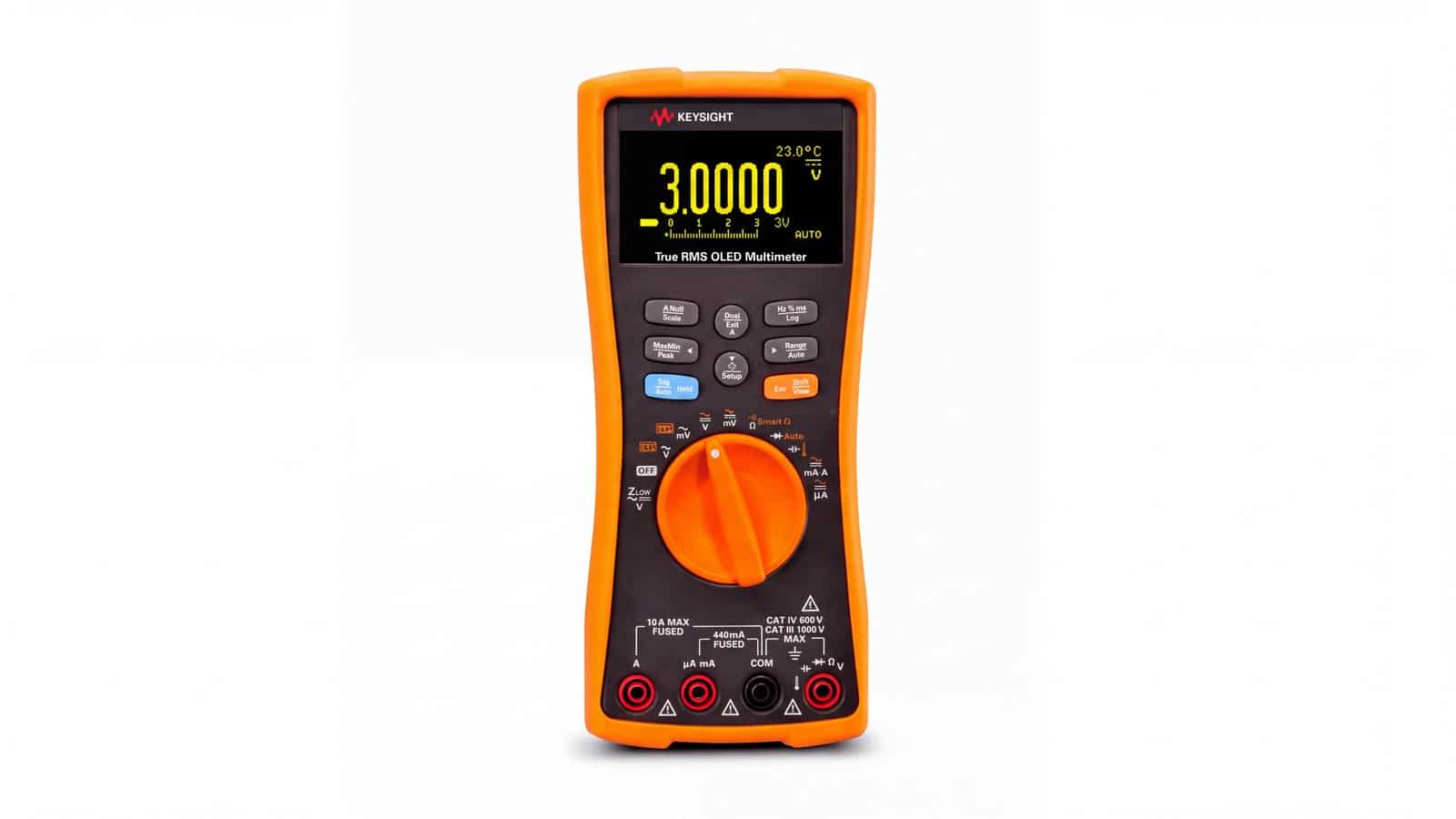 Mặt trước đồng hồ vạn năng cầm tay Keysight U1273AX với màn hình OLED và núm xoay chức năng