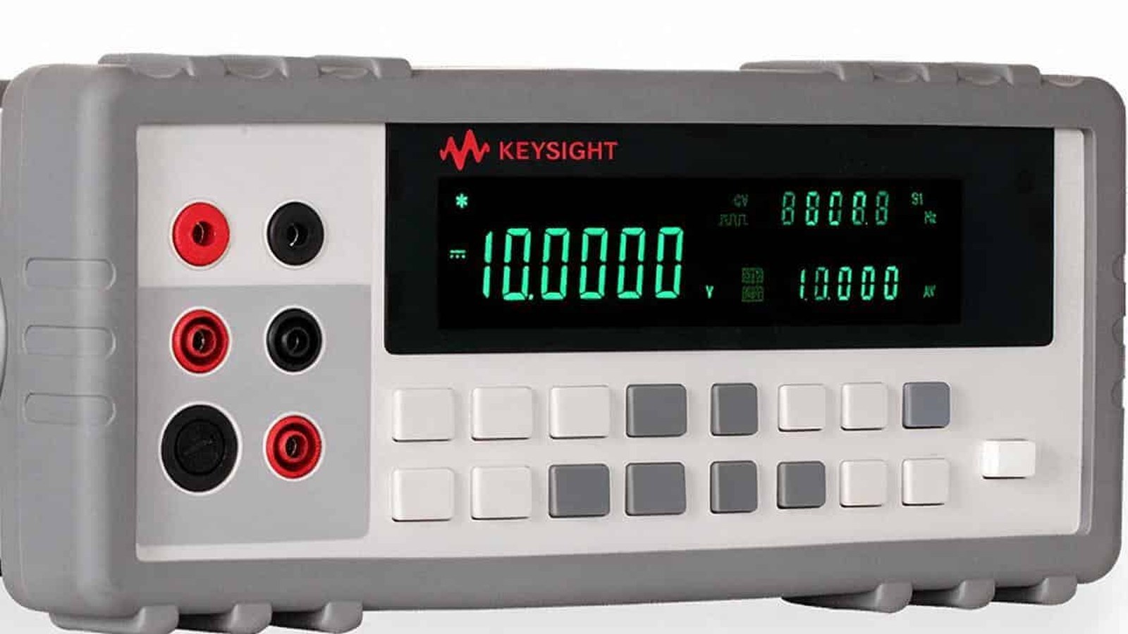 Mặt trước Keysight U3606B với màn hình VFD, phím đồng hồ vạn năng và cọc nguồn DC