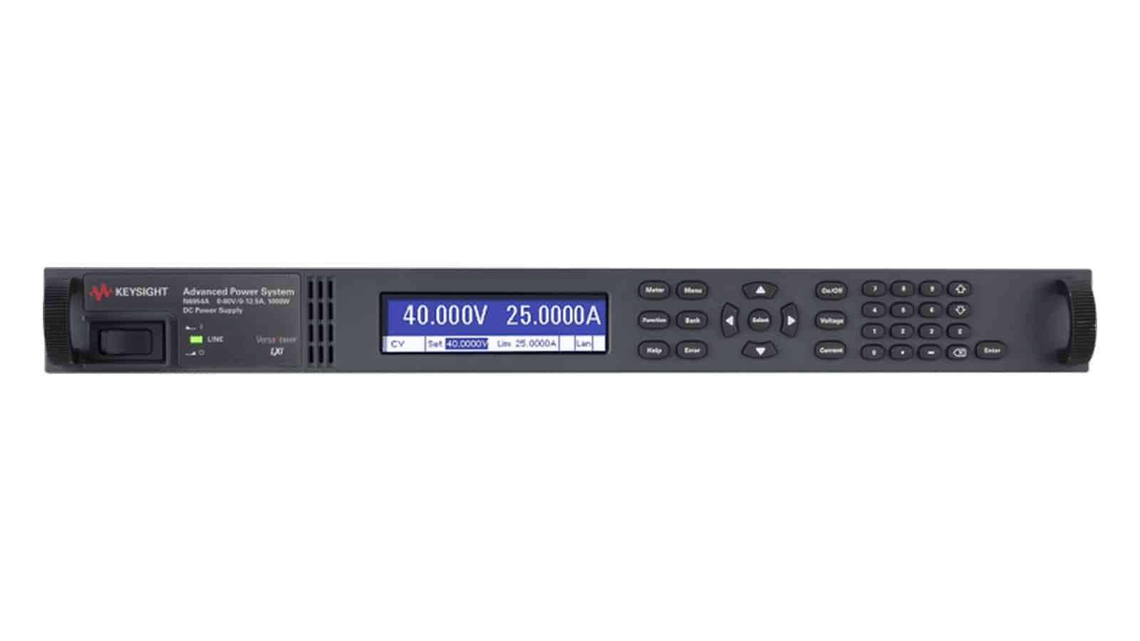 Mặt trước Keysight N6952A với màn hình hiển thị điện áp và dòng điện