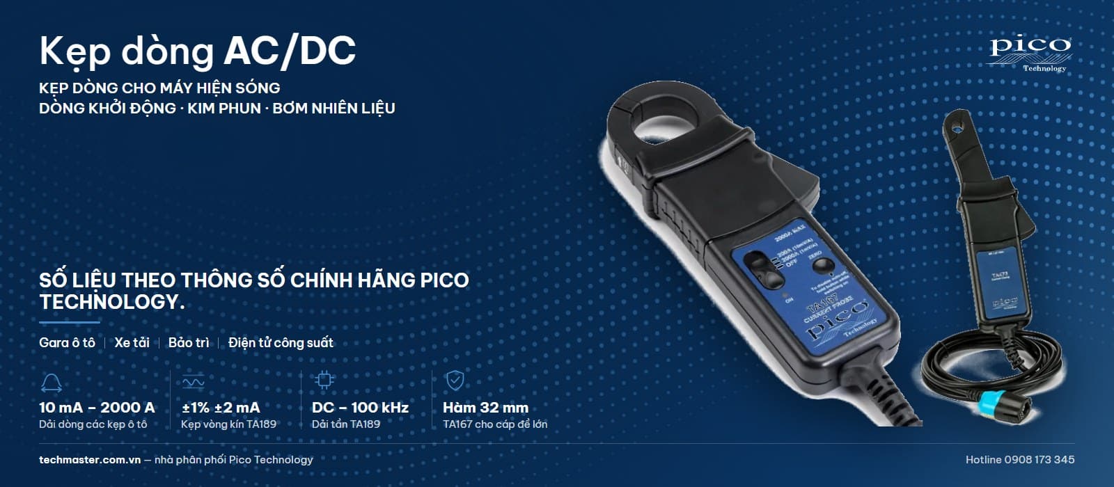 Kẹp dòng AC/DC cho máy hiện sóng: Pico TA167 200 A/2000 A và TA473 60 A