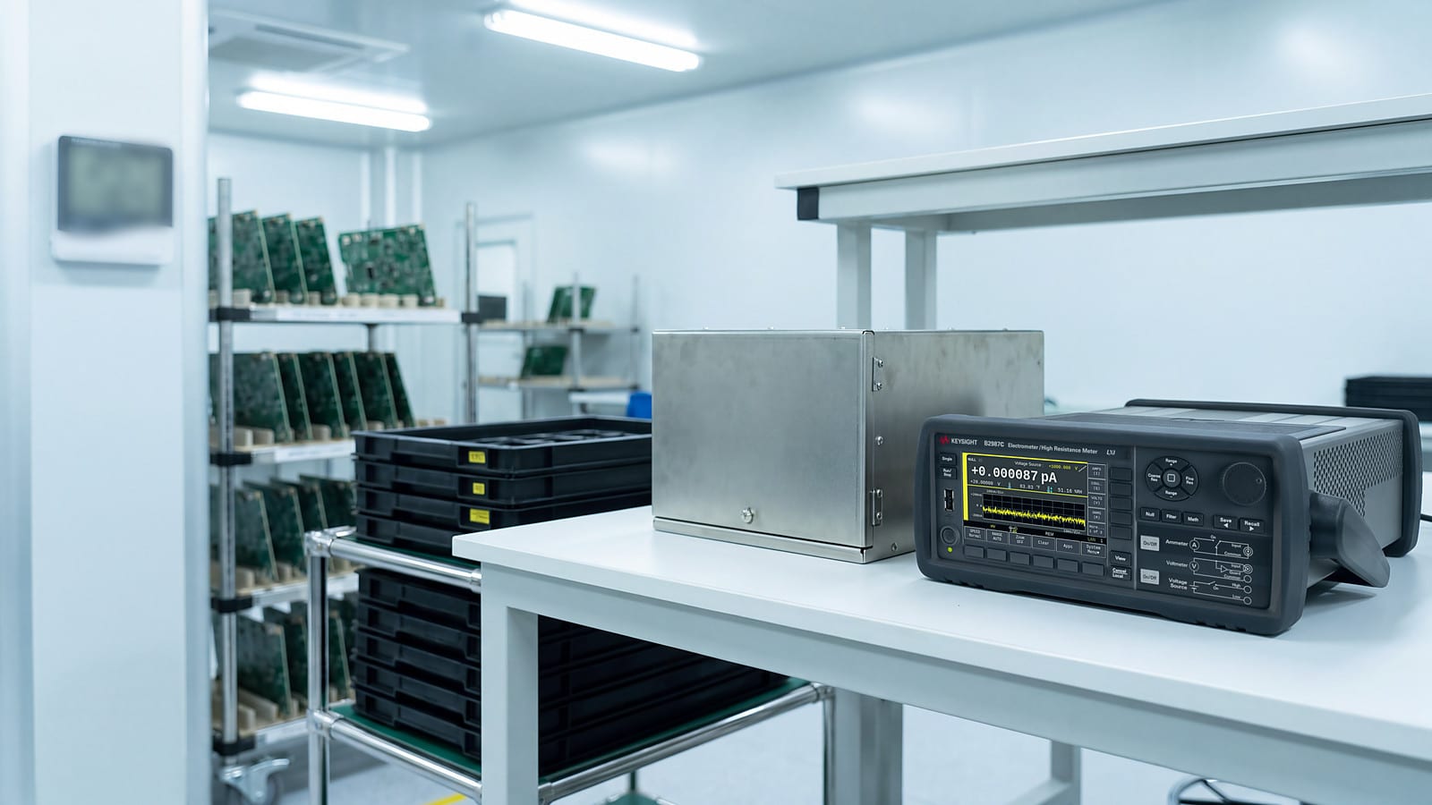 Keysight B2987C tại phòng QC kiểm tra điện trở bề mặt khay ESD và vật liệu PCB trong nhà máy điện tử