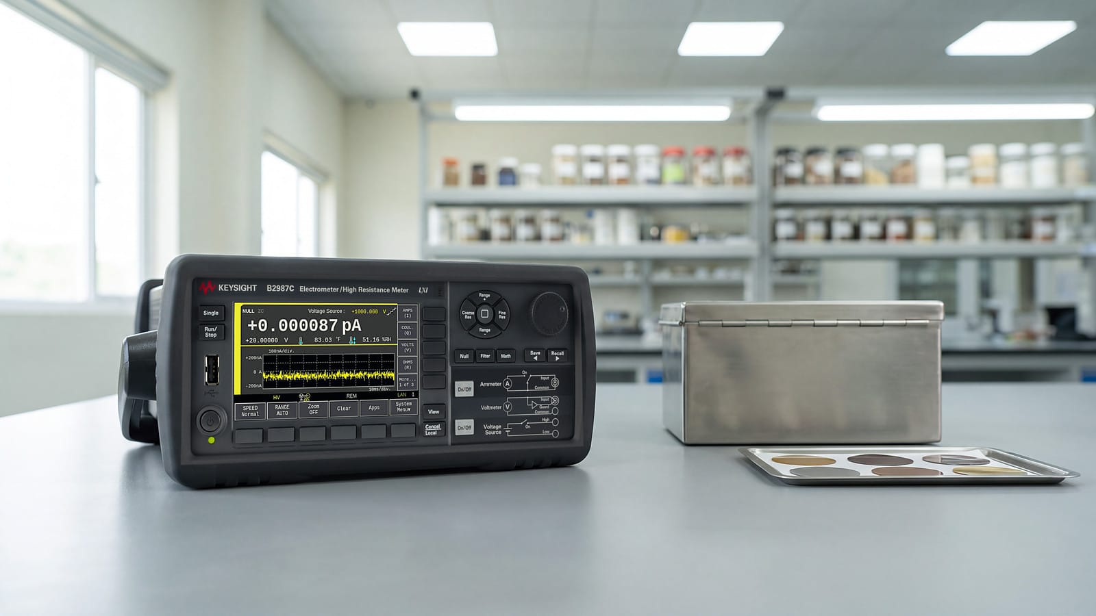 Máy đo điện trở cao Keysight B2987C trong phòng thí nghiệm vật liệu cách điện, cạnh hộp đo che chắn và mẫu vật liệu