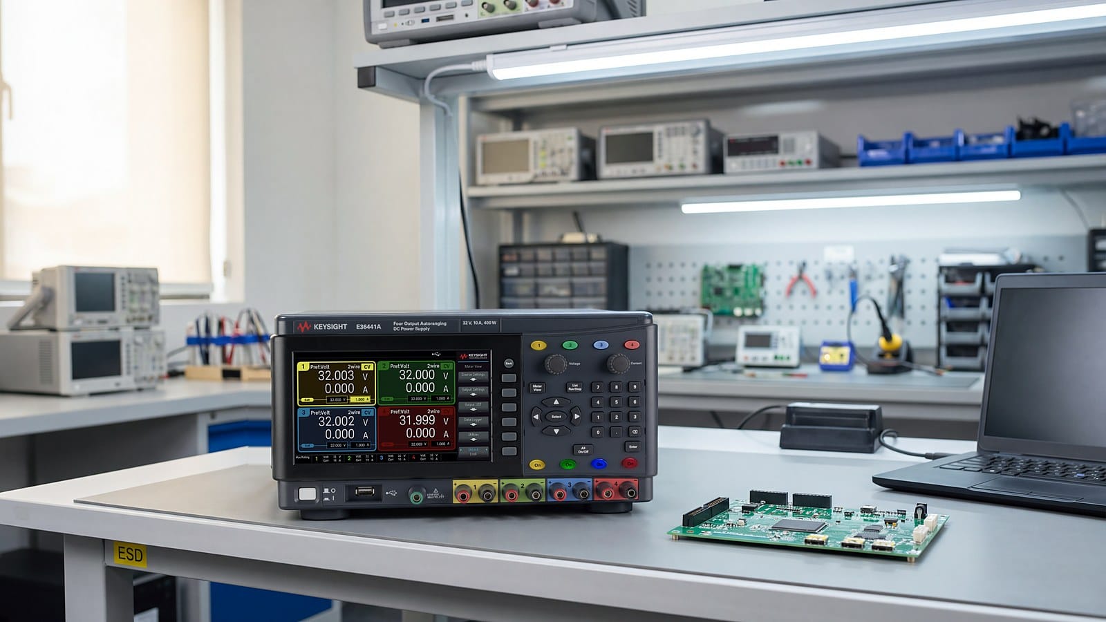 Bộ nguồn DC 4 ngõ ra Keysight E36441A trên bàn bring-up bo mạch trong phòng lab R&D điện tử