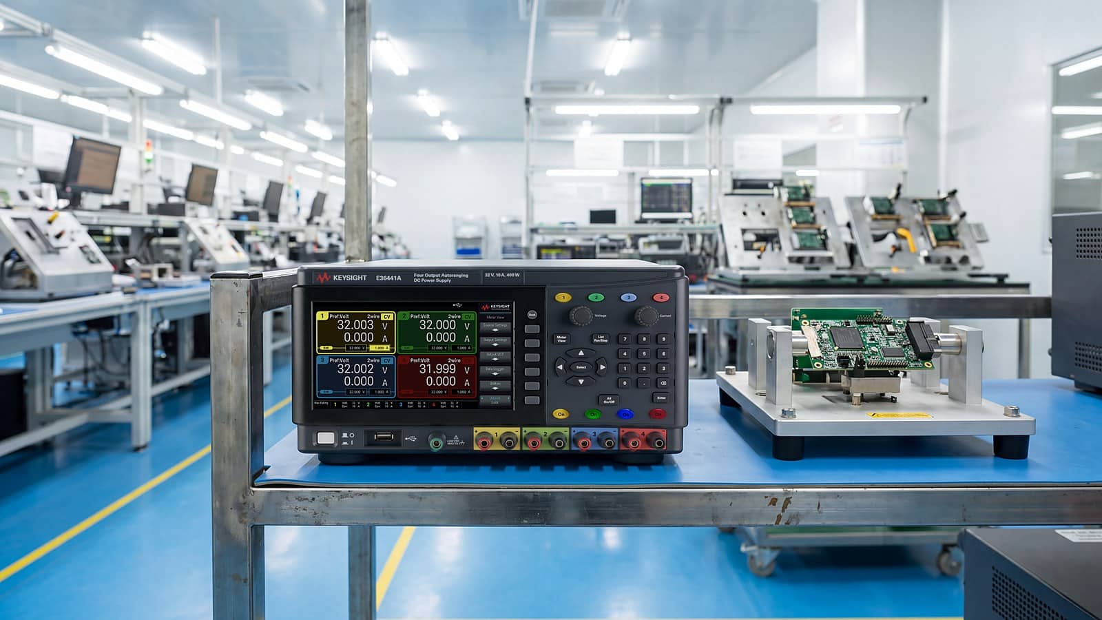 Bộ nguồn DC 4 ngõ ra Keysight E36441A tại trạm kiểm tra chức năng FCT trên dây chuyền sản xuất điện tử