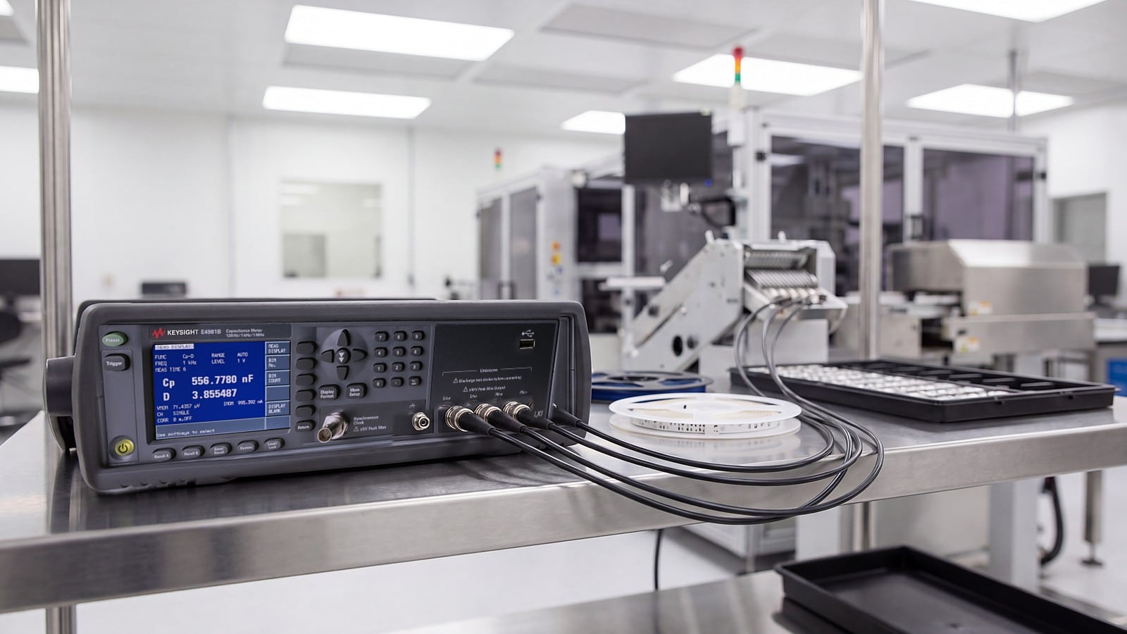 Máy đo điện dung Keysight E4981B nối bốn cáp BNC tới máy phân loại trên dây chuyền sản xuất tụ gốm MLCC trong phòng sạch