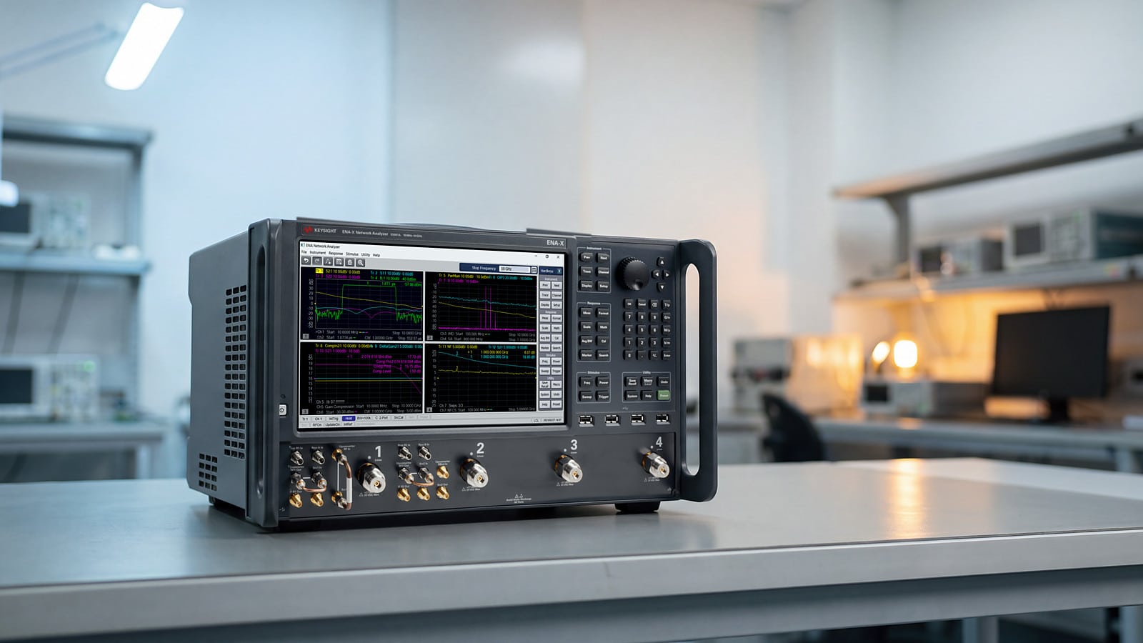 Máy phân tích mạng ENA-X Keysight E5081A 4 cổng trên bàn đo trong phòng lab RF đặc tính bộ khuếch đại công suất