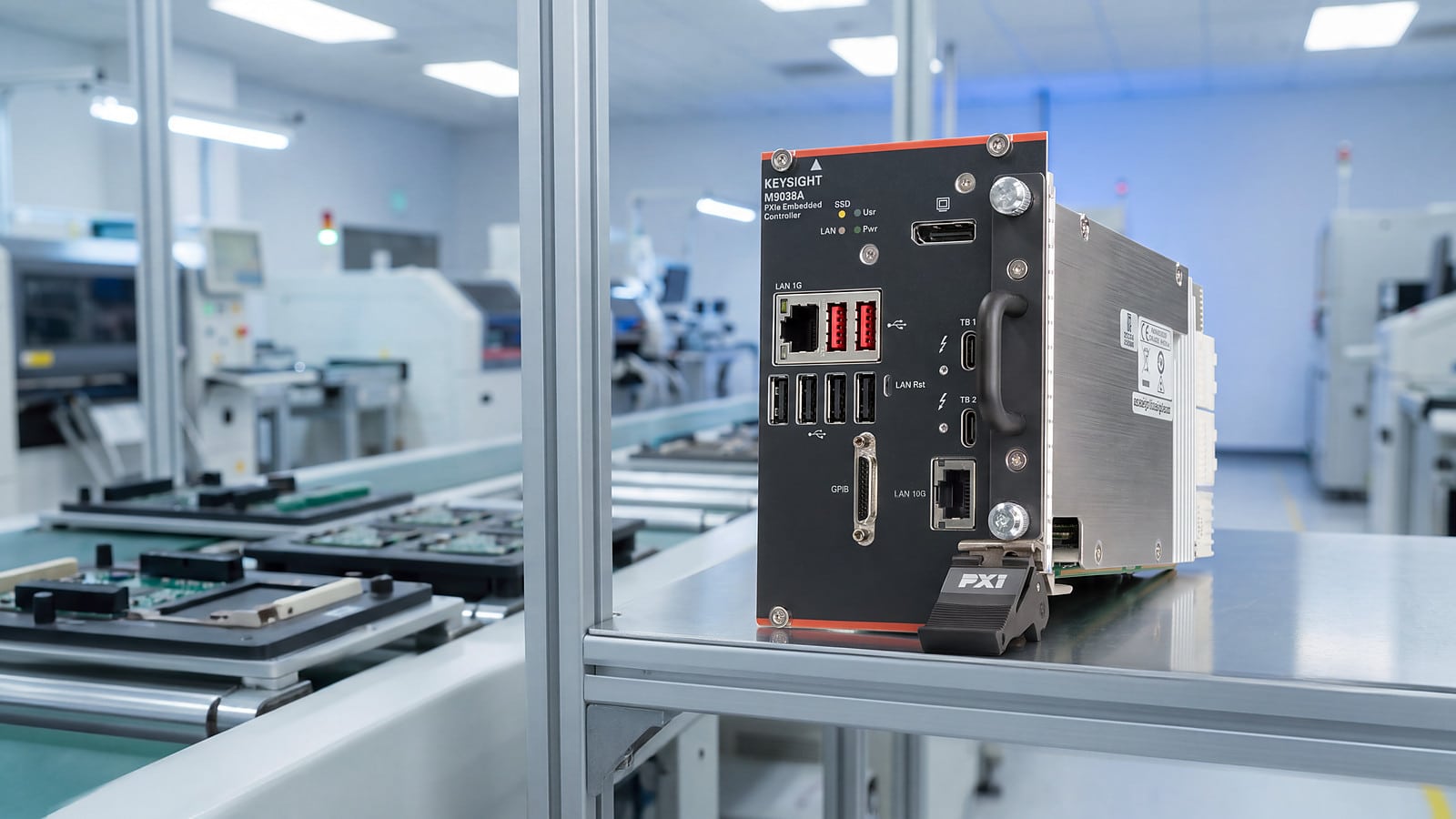Bộ điều khiển nhúng PXIe Keysight M9038A tại trạm kiểm tra tự động ATE trên dây chuyền SMT sản xuất bo mạch