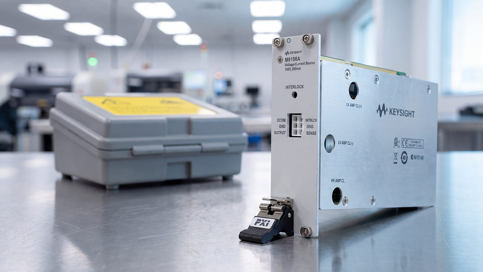 Keysight M9186A trên bàn thép khu kiểm tra sản xuất điện tử, phía sau là hộp đồ gá màu xám