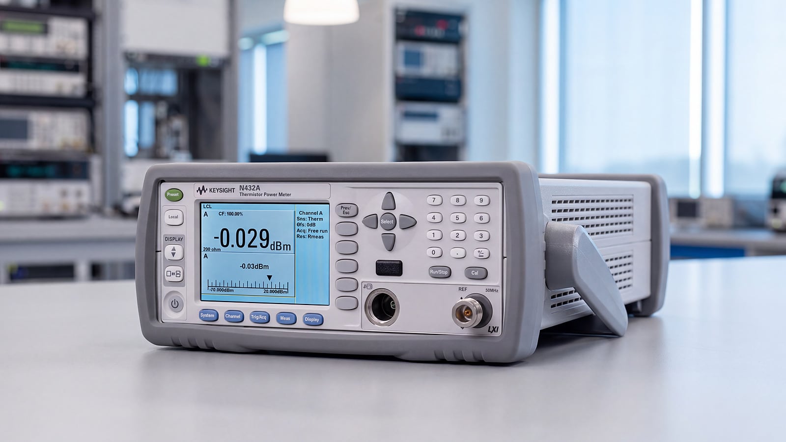 Máy đo công suất điện trở nhiệt Keysight N432A trên bàn phòng hiệu chuẩn RF