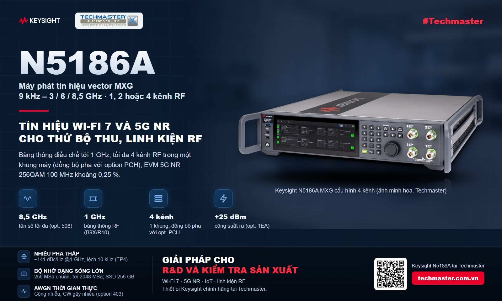 Máy phát tín hiệu vector Keysight N5186A MXG: 9 kHz–8,5 GHz, băng thông 1 GHz, 1–4 kênh RF cho thử Wi-Fi 7 và 5G NR