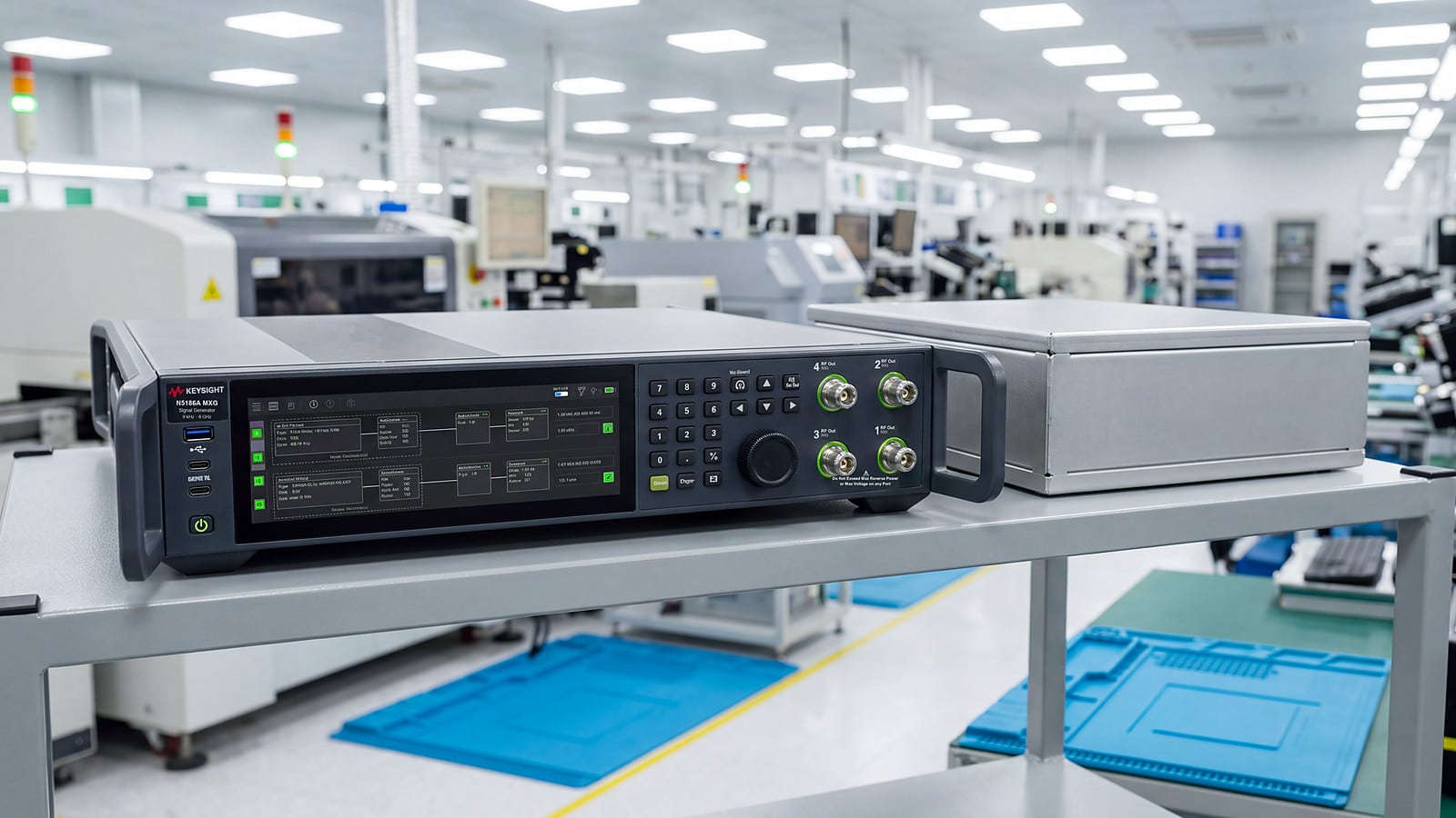 Keysight N5186A MXG cạnh hộp chắn RF tại trạm test RF của nhà máy điện tử