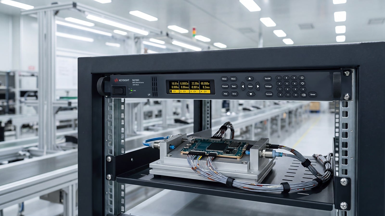 Khung nguồn 1U Keysight N6700C trong tủ kiểm tra chức năng điện thoại trên dây chuyền