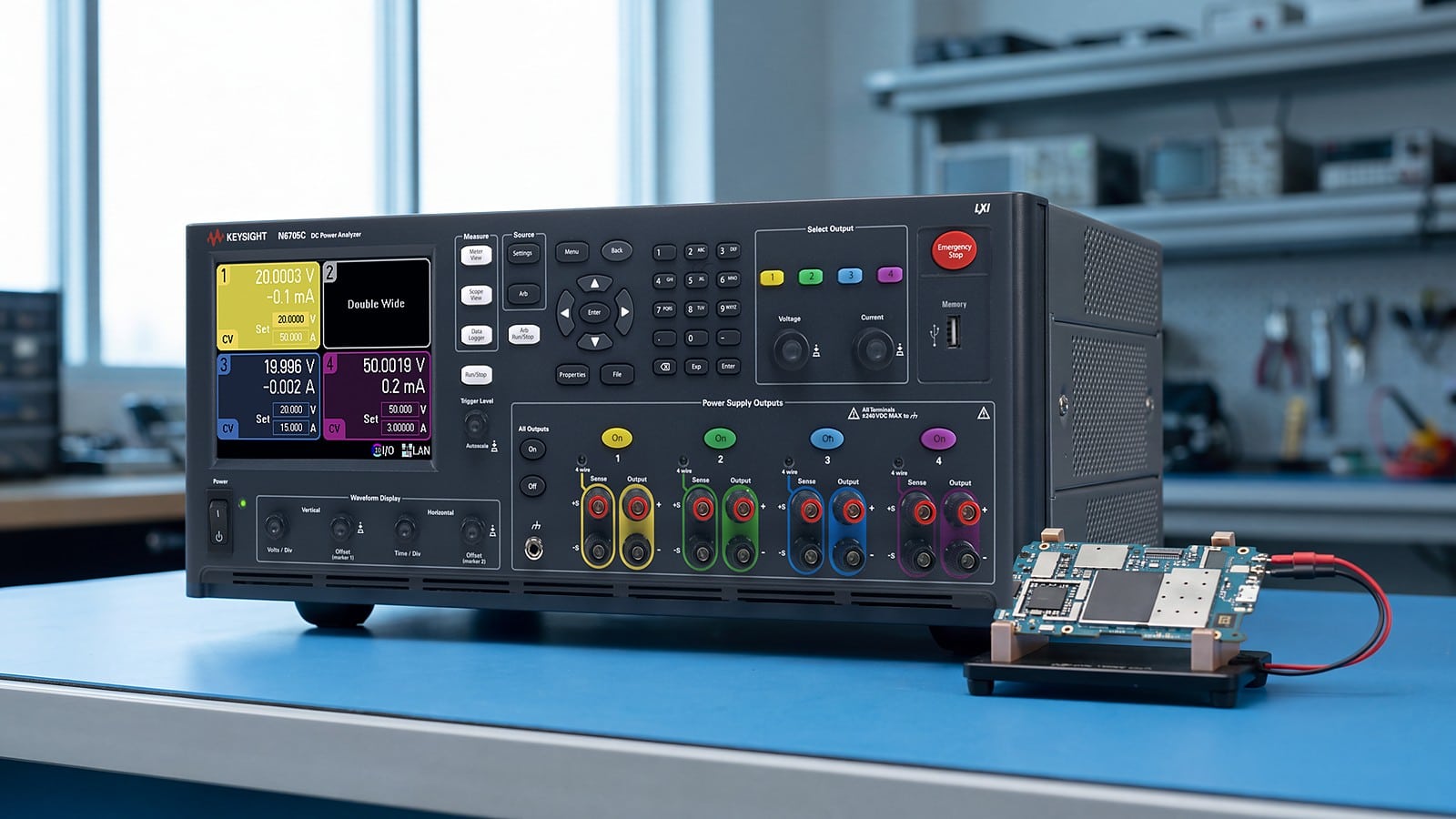 Máy phân tích nguồn Keysight N6705C đo dòng tiêu thụ điện thoại trên bo mạch tại phòng R&D