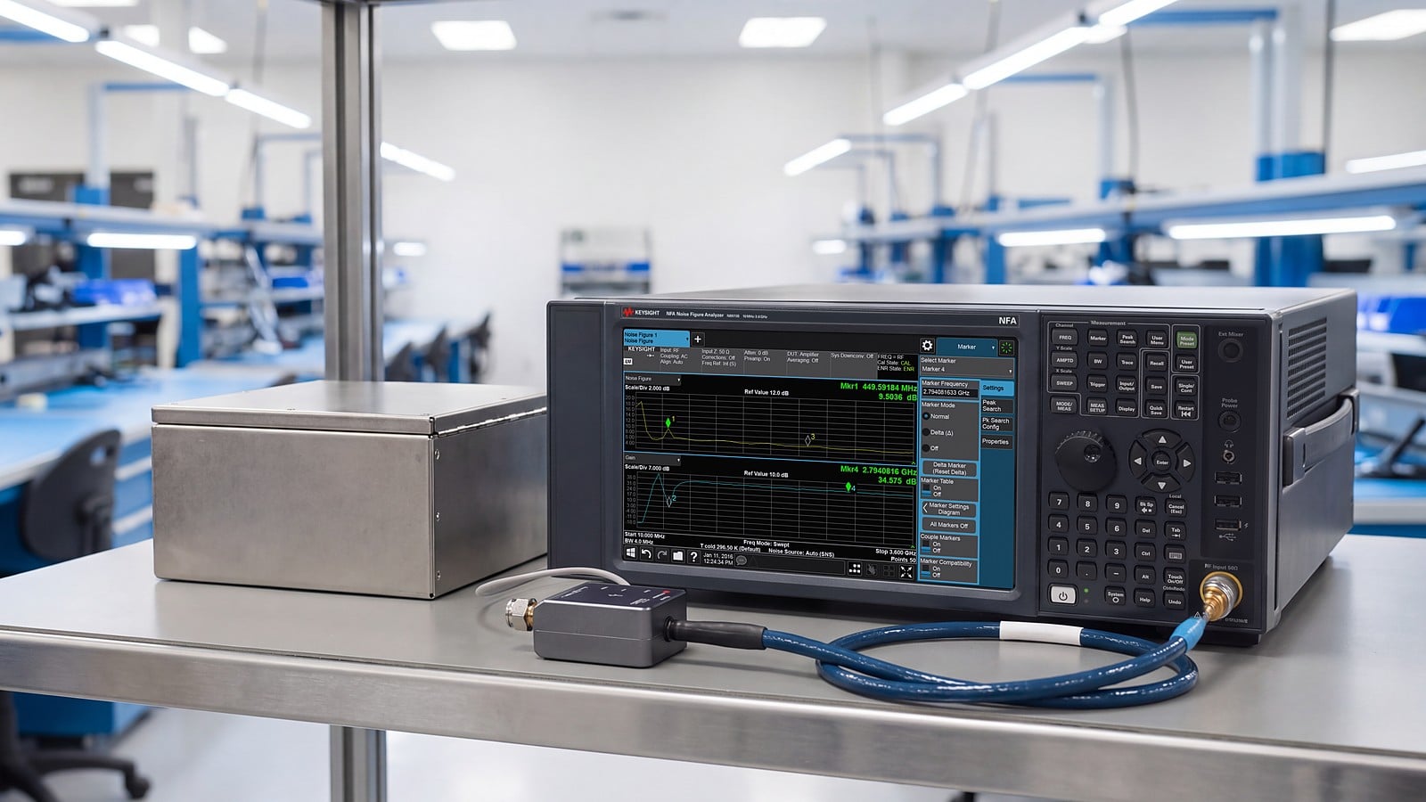 Máy phân tích hệ số tạp âm Keysight NFA X-Series cạnh hộp chống nhiễu RF tại trạm kiểm tra sản xuất module RF