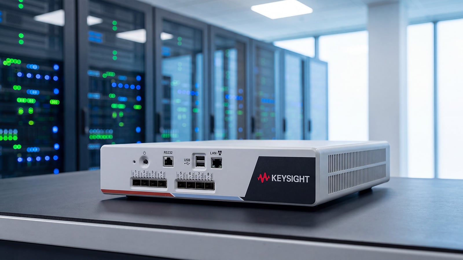 Thiết bị Keysight PerfectStorm ONE chạy IxLoad trên bàn phòng lab mạng, phía sau là tủ máy chủ