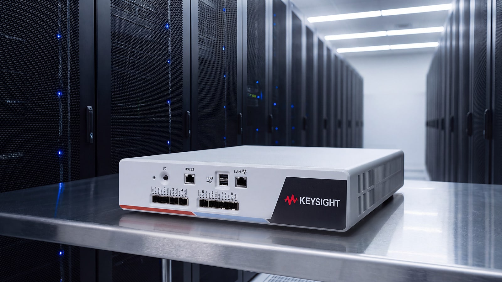 Keysight PerfectStorm ONE đặt trên kệ thép trong lối đi trung tâm dữ liệu để kiểm thử tải ứng dụng