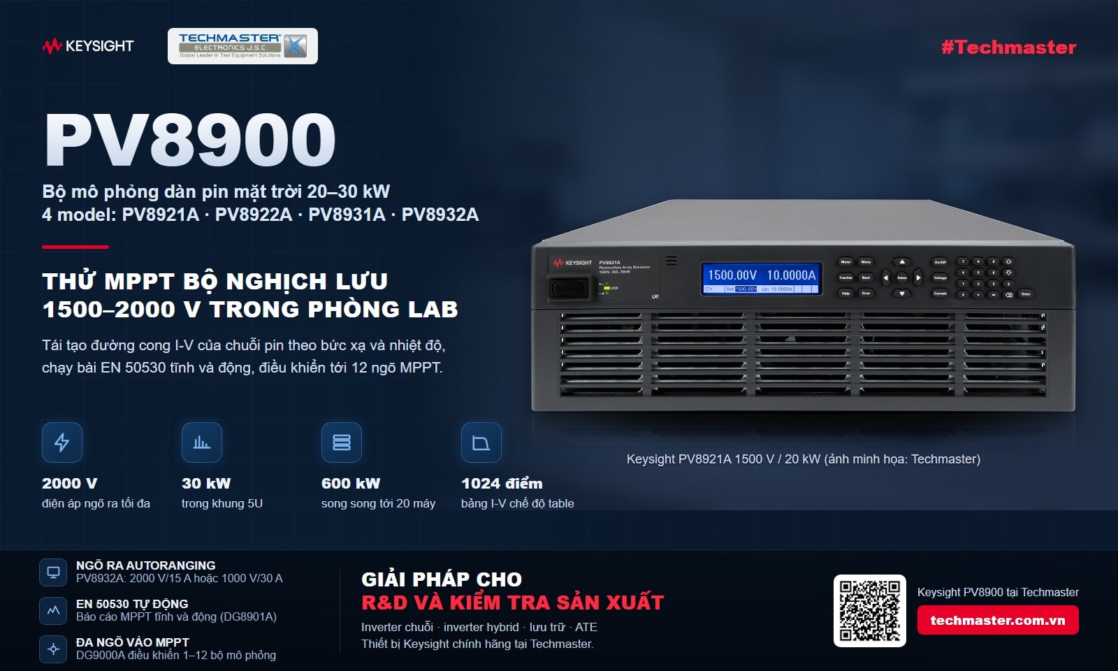 Bộ mô phỏng dàn pin mặt trời Keysight PV8900: 4 model 20–30 kW, điện áp tới 2000 V, thử MPPT bộ nghịch lưu