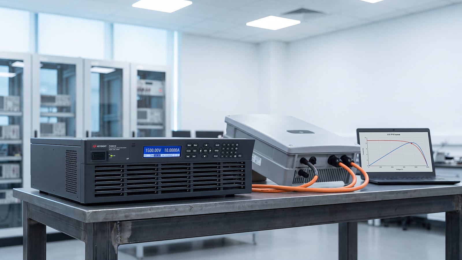 Keysight PV8921A mô phỏng dàn pin mặt trời 1500 V cấp cho bộ nghịch lưu trên bàn thử phòng R&D