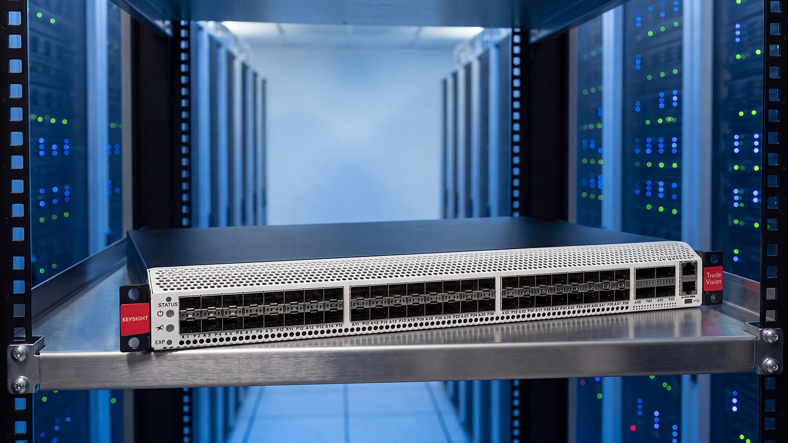 Keysight TradeVision đặt trên khay tủ rack trong trung tâm dữ liệu