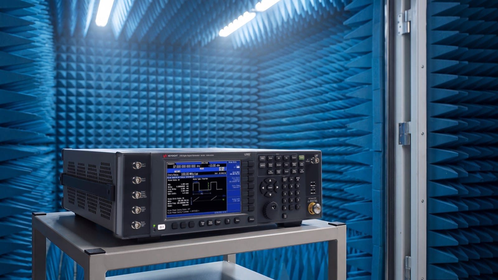 Máy phát tín hiệu agile Keysight UXG N5193A đặt trên xe đẩy trong buồng tiêu âm đo anten và bộ thu radar