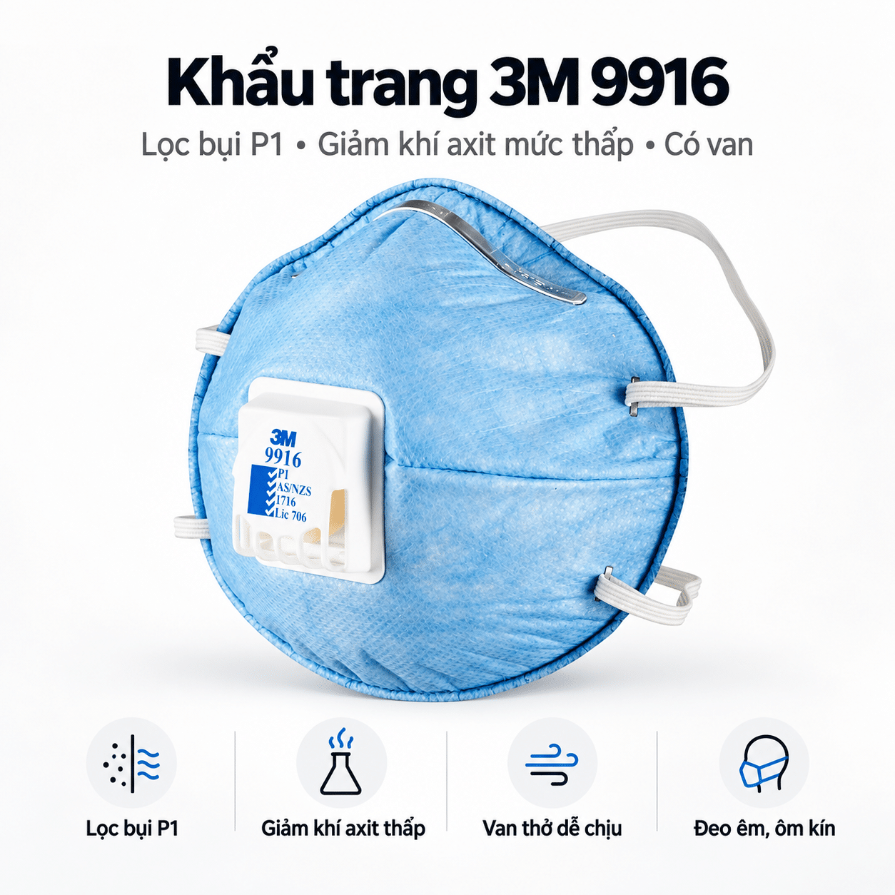 Khẩu trang 3M 9916 — lọc bụi P1, giảm khí axit mức thấp, van Cool Flow