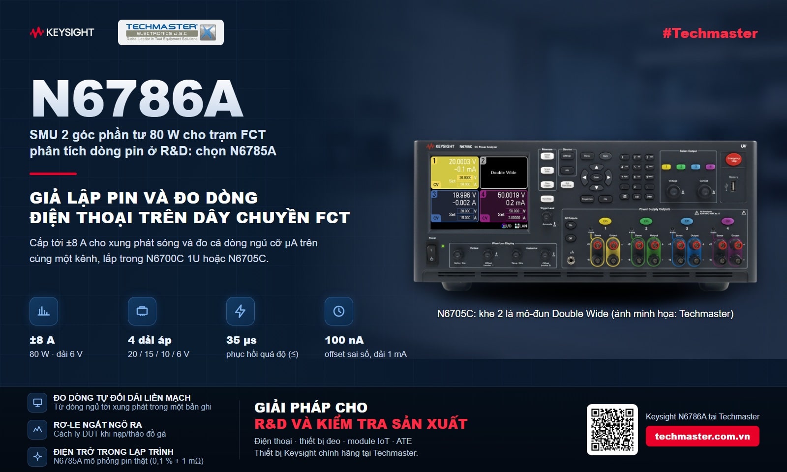 Kiểm tra chức năng điện thoại với Keysight N6786A: SMU 2 góc phần tư 80 W, ±8 A, đo dòng từ dải 8 A tới 1 mA